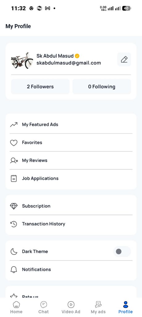 User Profile and Dark Theme Screen